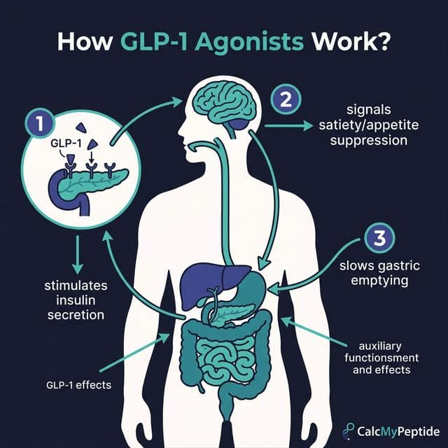 How GLP-1 Receptor Agonists Work β Mechanism of Action Infographic showing how GLP-1 receptor agonists work: binding to pancreas for insulin secretion, brain for appetite suppression, and stomach for slowed gastric emptying