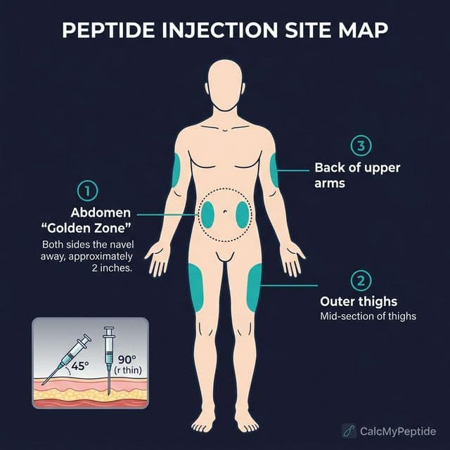 Peptide Injection Site Map β SubQ Injection Zones Body map showing subcutaneous injection sites: abdomen golden zone (2 inches from navel), outer thighs, and back of upper arms with proper injection angles