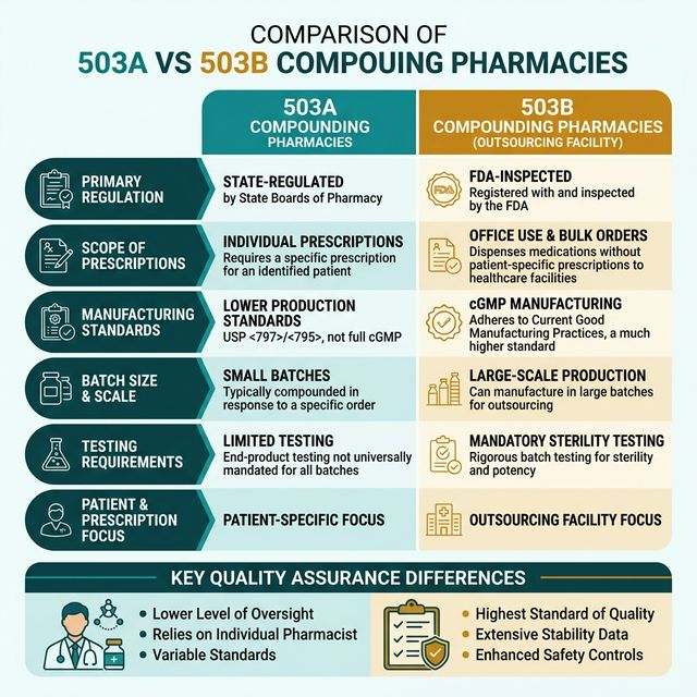 Comparison chart of 503A traditional compounding pharmacy versus 503B outsourcing facility showing FDA oversight level, testing requirements, batch size, and quality controls
