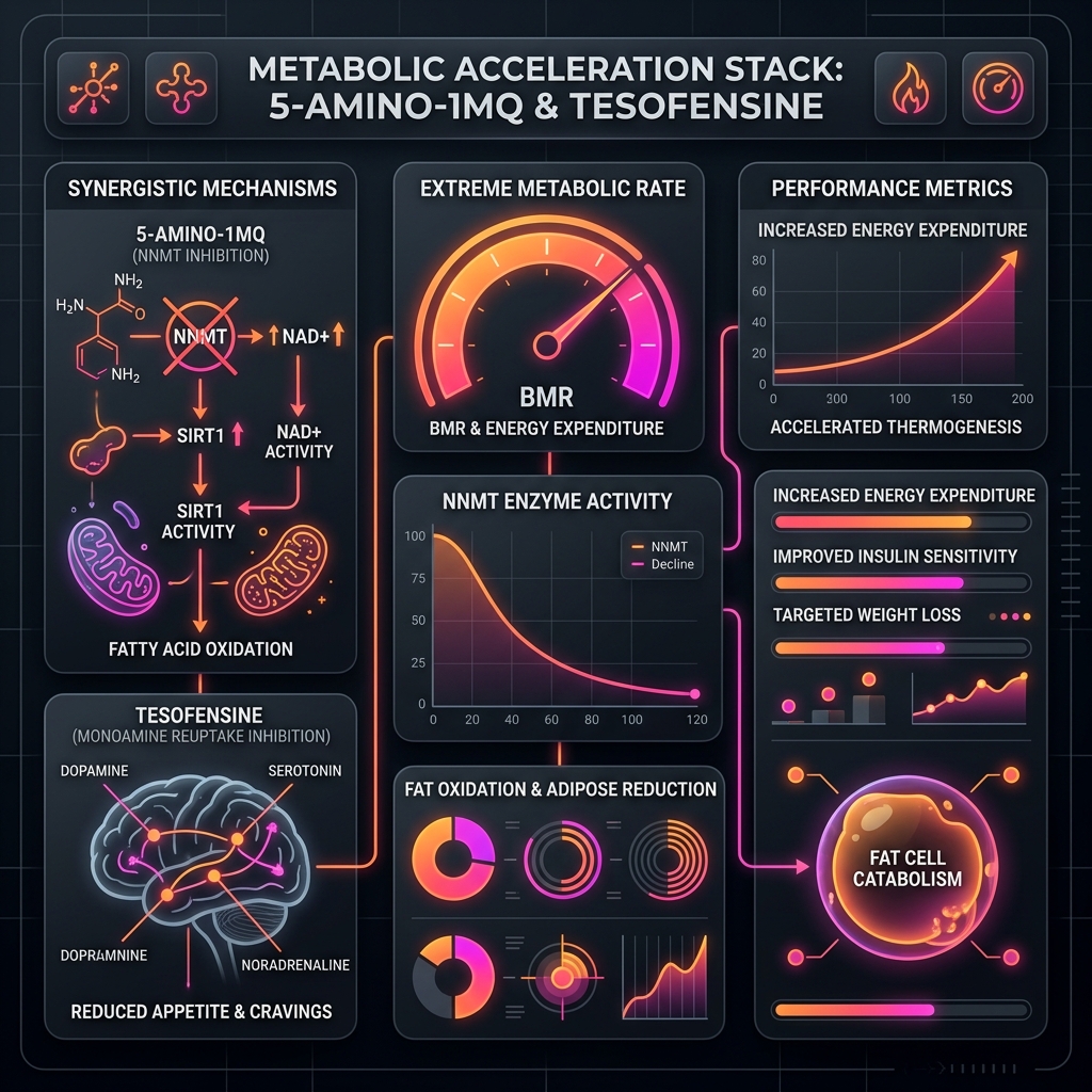 Diagram showing severe metabolic rate acceleration from 5-Amino-1MQ NNMT inhibition and Tesofensine appetite suppression.