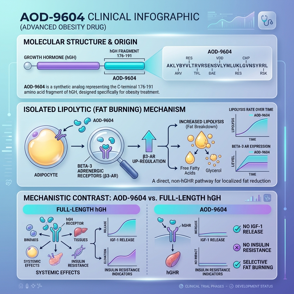 Clinical diagram showing how the 176-191 fragment of human Growth Hormone bypasses IGF-1 production while heavily upregulating Beta-3 Adrenergic Receptors to stimulate fat burning.