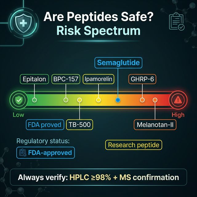 Peptide safety evidence pyramid showing FDA-approved GLP-1 drugs at top with full human clinical data, then compounded peptides, then research peptides with animal data only