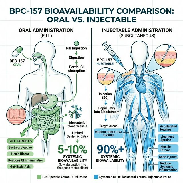Bioavailability comparison diagram showing oral BPC-157 local gut absorption pathway versus subcutaneous injection systemic distribution with percentage absorption estimates