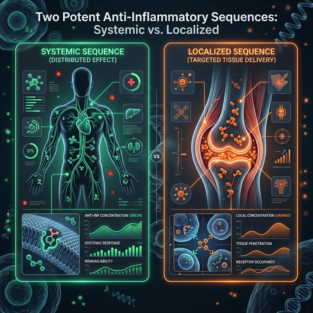 Molecular pathways of BPC-157 angiogenic repair compared to KPV NF-κB anti-inflammatory modulation.