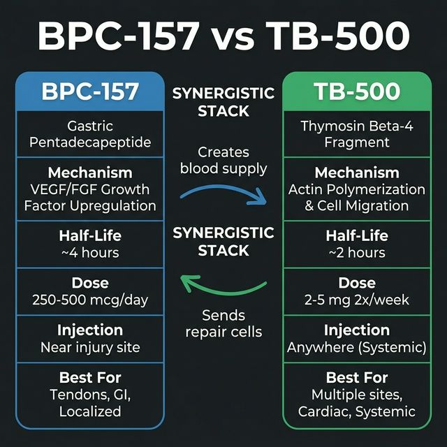 BPC-157 vs TB-500: Recovery Peptide Comparison, Stacking Guide & Dosing