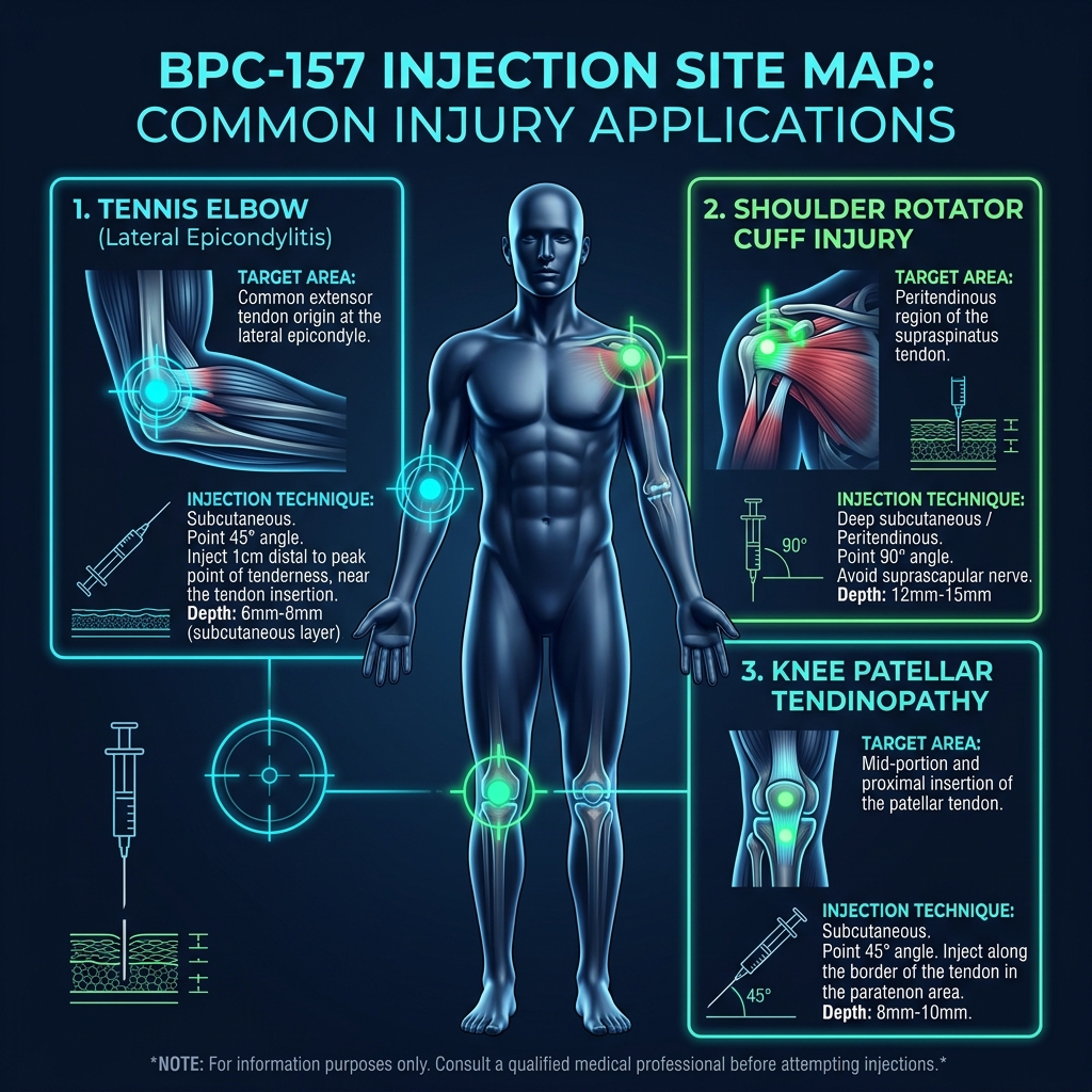 BPC-157 injection site map for tennis elbow, shoulder, and knee injuries
