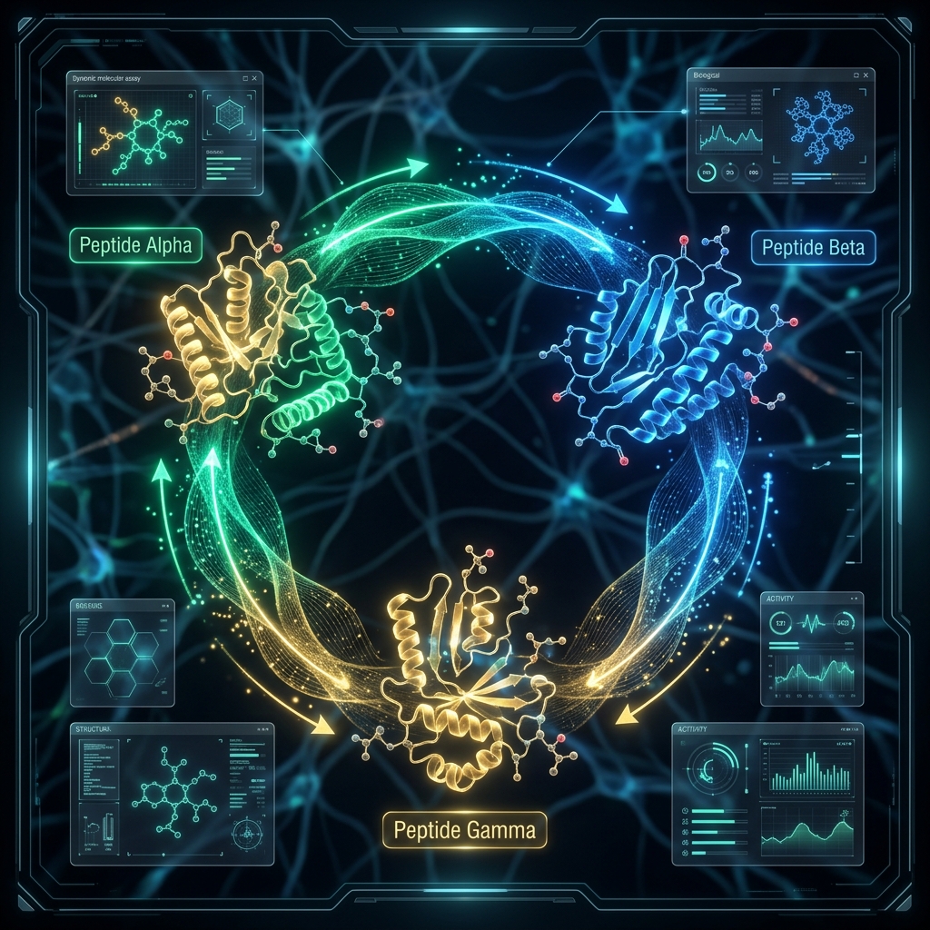 Clinical diagram showing the synergistic mechanism of CJC-1295, Ipamorelin, and Tesamorelin.