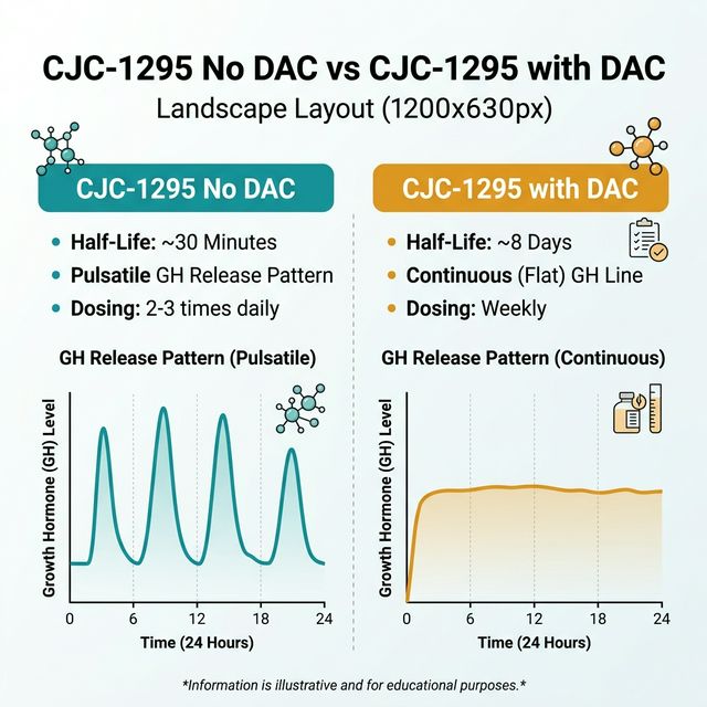 Comparison chart of CJC-1295 DAC versus CJC-1295 No DAC showing half-life difference from 30 minutes to 8 days, GH pulse pattern, dosing frequency, and clinical implications