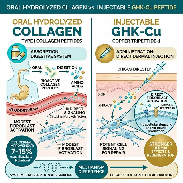 Comparison of oral hydrolyzed collagen signal pathway versus injectable GHK-Cu direct fibroblast activation showing absorption, mechanism, and clinical effect size differences
