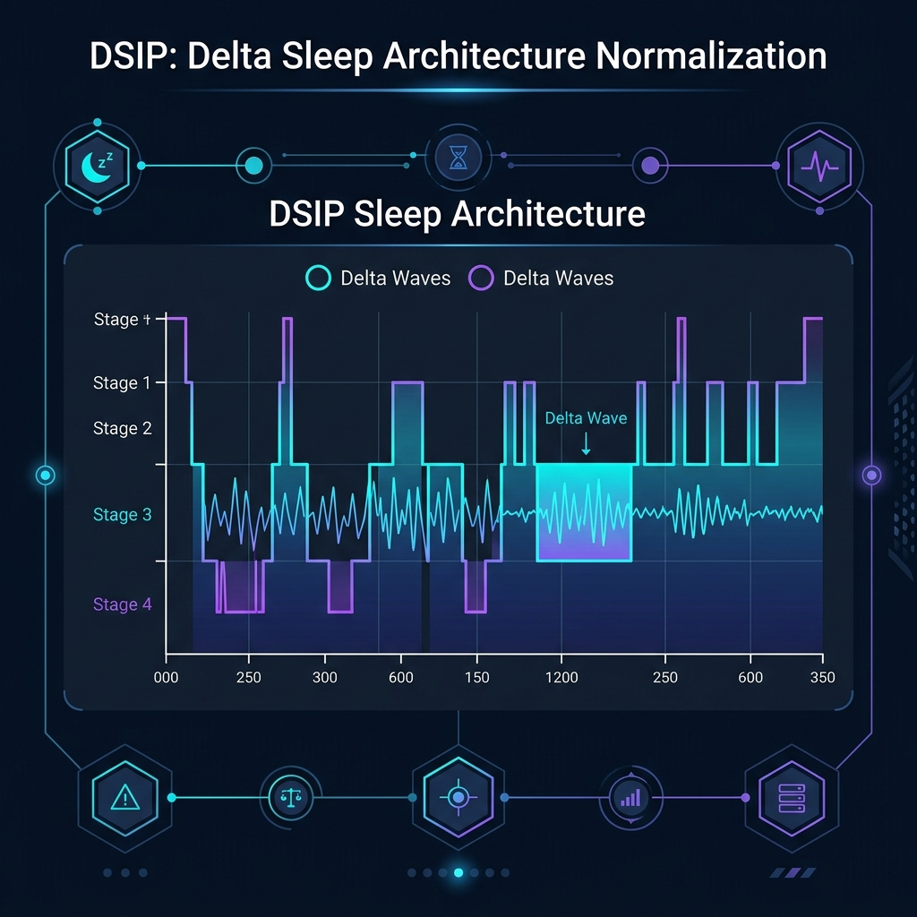 Precision hypnogram visualization demonstrating DSIP-mediated normalization of delta wave patterns and Stage 3/4 non-REM deep sleep.