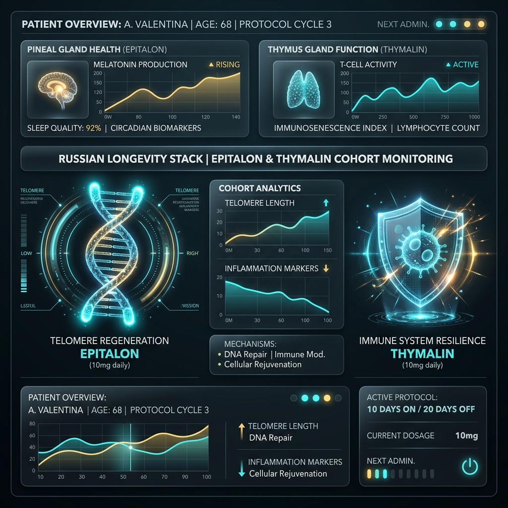 DNA helix showing Epitalon telomerase activation alongside an immune system shield visualizing Thymalin T-cell rejuvenation.