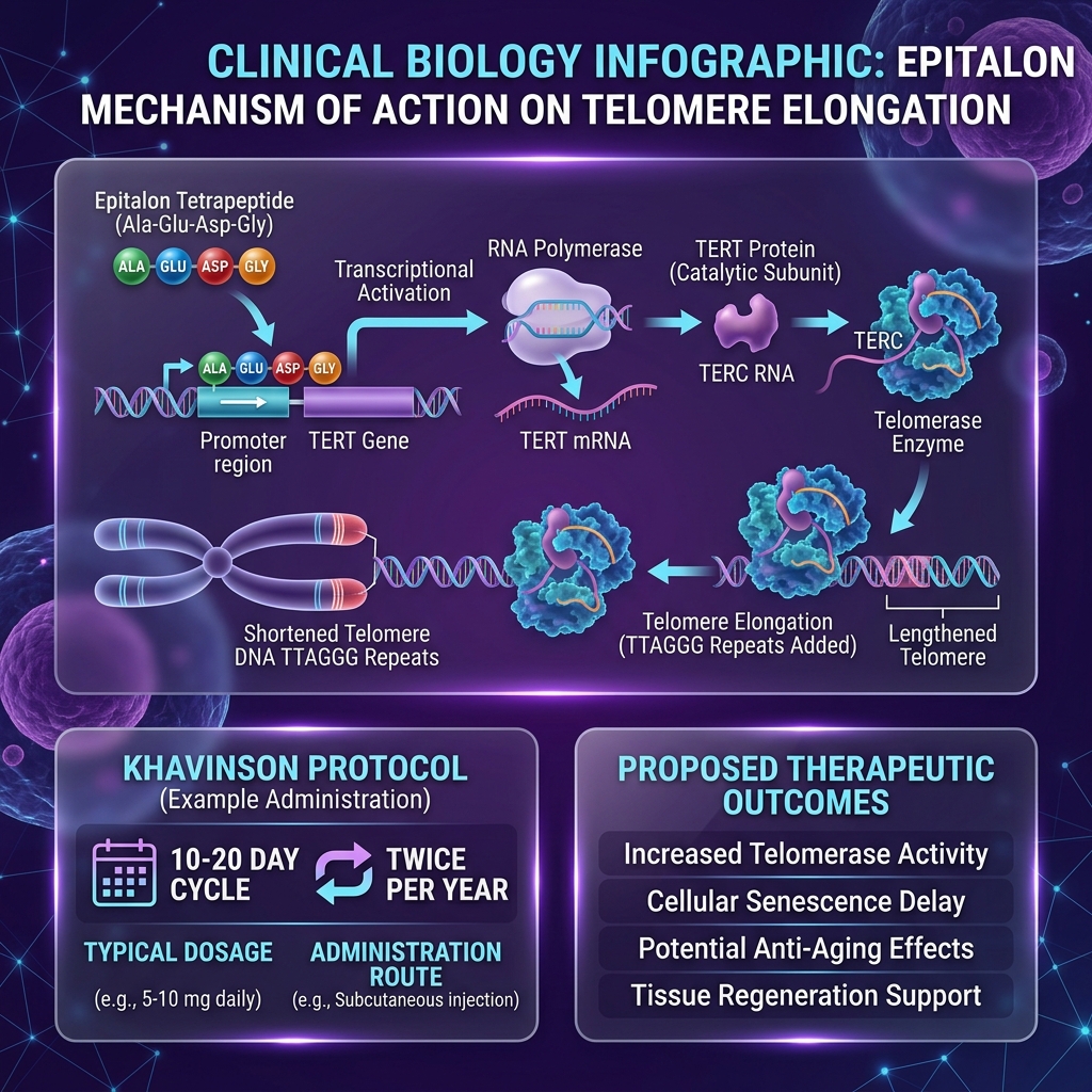 Clinical biology schematic detailing Epitalon tetrapeptide binding to DNA, activating the TERT gene, and facilitating telomere elongation via telomerase, framed within the Khavinson dosing protocol.