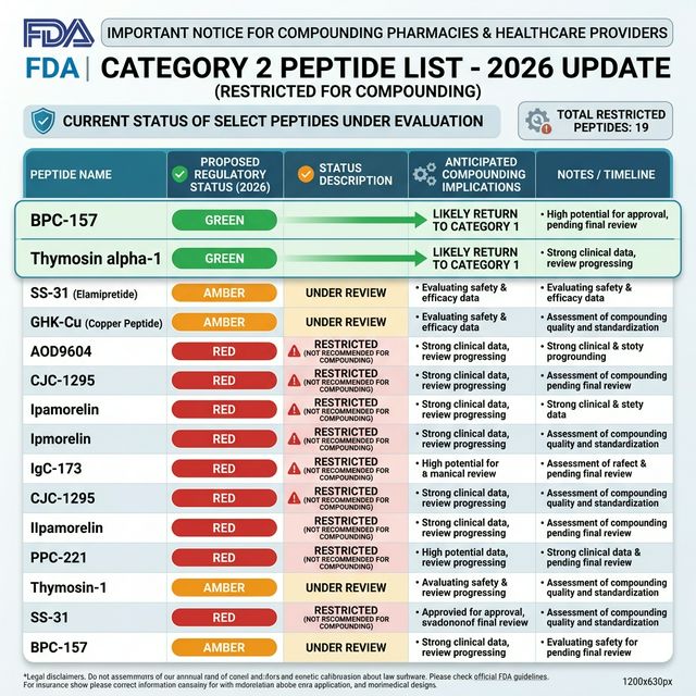 FDA Category 2 peptide list 2026 showing all 19 restricted peptides with their regulatory status, likelihood of Category 1 reinstatement, and current access pathways