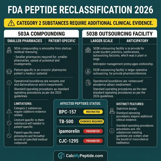 Infographic comparing FDA Category 1, 2, and 3 compounding status for common peptides including BPC-157, TB-500, semaglutide, and tirzepatide in 2026