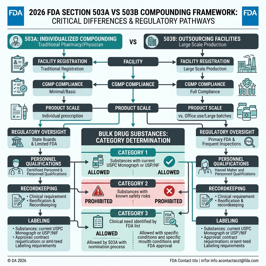 High-precision clinical regulatory diagram detailing the FDA DQSA framework, contrasting 503A traditional patient-specific compounding with 503B cGMP facility operations, and mapping out Category 1, 2, and 3 bulk substance classifications for peptides like BPC-157 and Tirzepatide in 2026