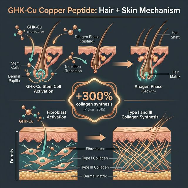 Infographic showing GHK-Cu copper peptide mechanisms for hair growth including follicle stem cell activation, 5-alpha reductase inhibition, and collagen synthesis pathways