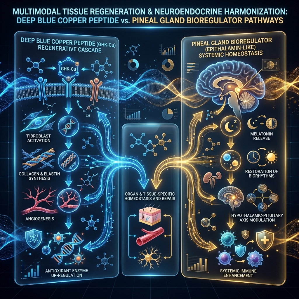 Visualization of GHK-Cu extracellular matrix remodeling compared to Epitalon telomerase activation.