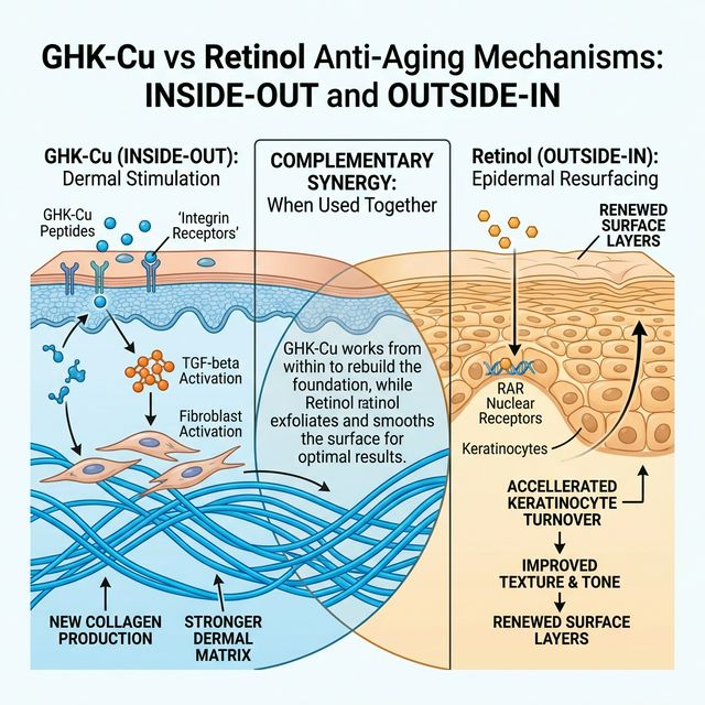 Side-by-side mechanism comparison of GHK-Cu integrin-TGF-beta dermal pathway versus retinol RAR nuclear receptor epidermal pathway with evidence strength ratings