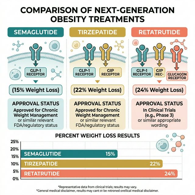 Three-way comparison chart of semaglutide single agonist vs tirzepatide dual agonist vs retatrutide triple agonist showing receptor targets, weight loss data, and approval status