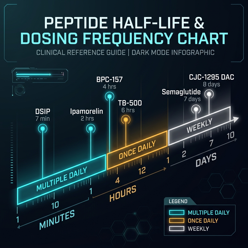 Peptide half-life dosing frequency chart from minutes to days