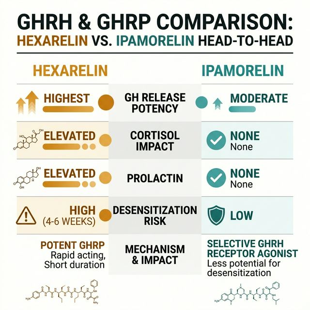 Head-to-head comparison of hexarelin vs ipamorelin showing GH release potency, cortisol impact, prolactin elevation, desensitization risk, and recommended use cases