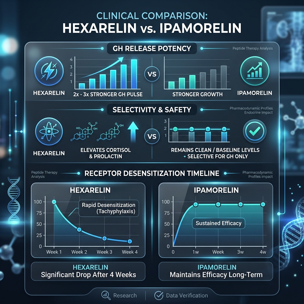 High-precision clinical comparison chart of Hexarelin vs Ipamorelin detailing GH release potency, selectivity, cortisol/prolactin elevation, and receptor desensitization timelines.