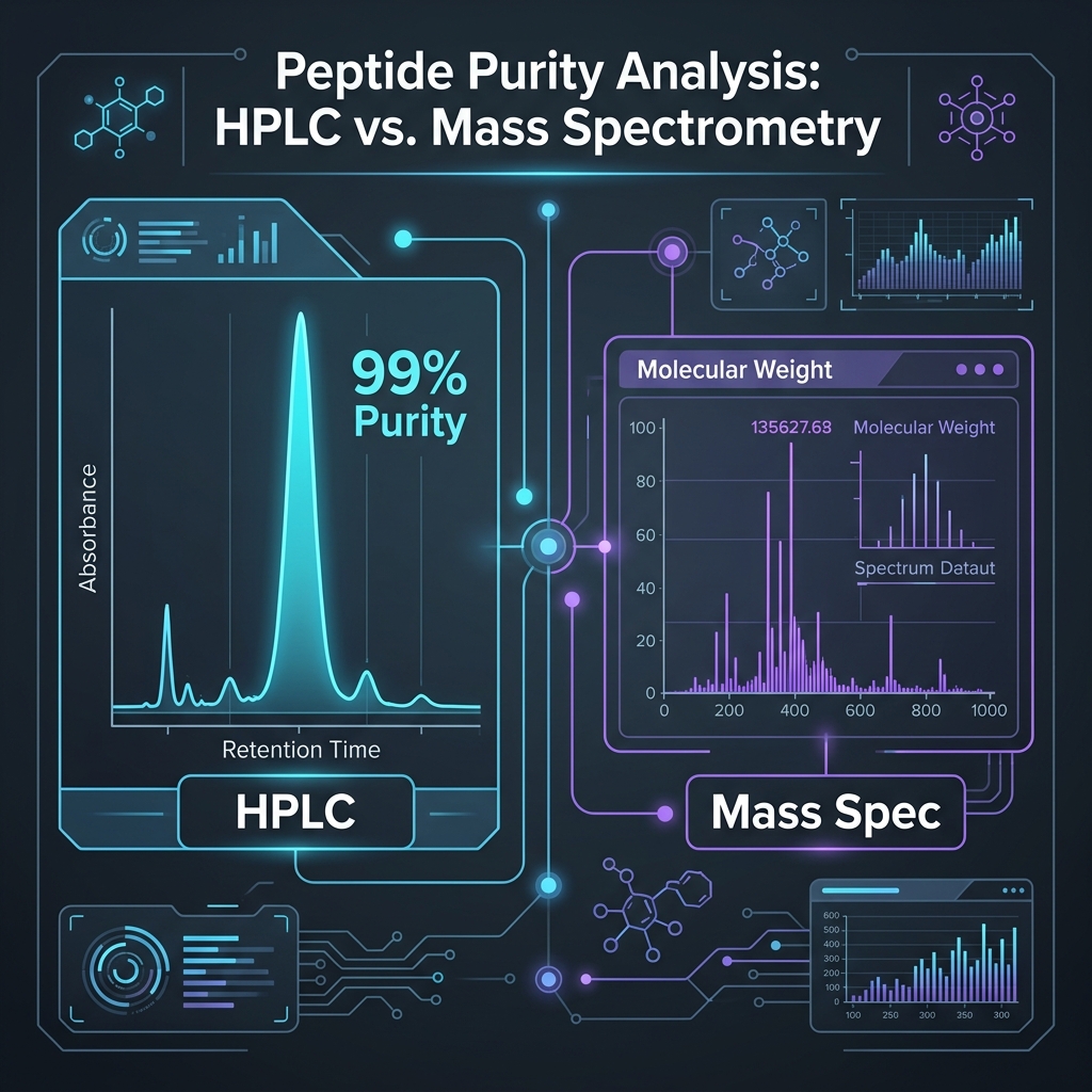Dual-panel analytical interface comparing an HPLC chromatogram showing 99% sequence purity against a Mass Spectrometry analysis confirming exact molecular identity.