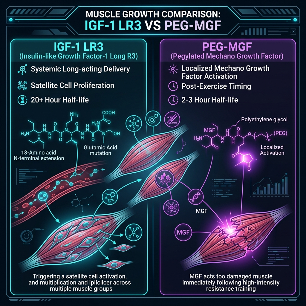IGF-1 LR3 vs PEG-MGF muscle growth comparison showing systemic vs localized delivery