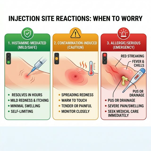 Visual guide to injection site reactions showing histamine-mediated vs contamination-induced vs allergic reactions with appearance differences and when to seek medical attention