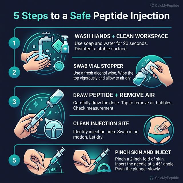 5-step visual guide to safe peptide injection: wash hands, swab vial, draw peptide, clean site, inject at 45 degrees