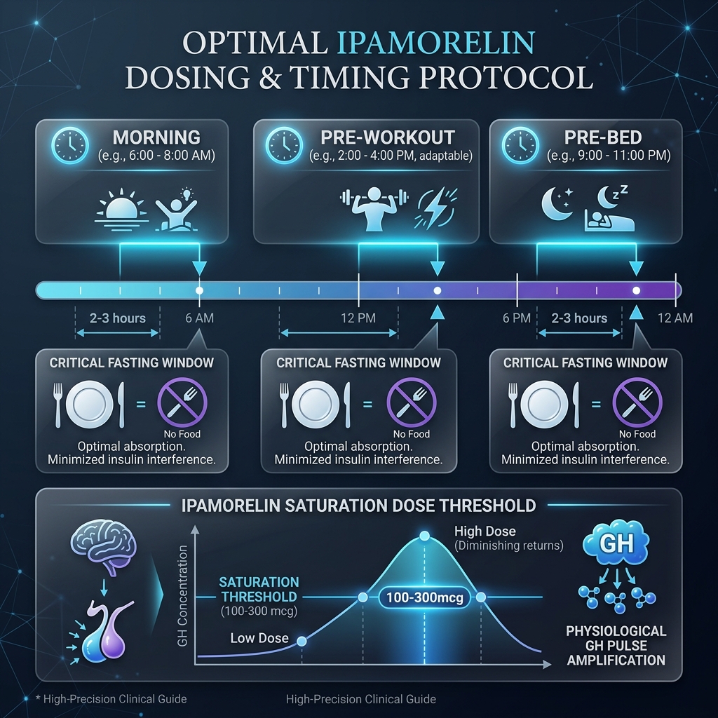 High-precision clinical infographic detailing optimal dosing and timing, fasting windows, and GH pulse amplitude for Ipamorelin.
