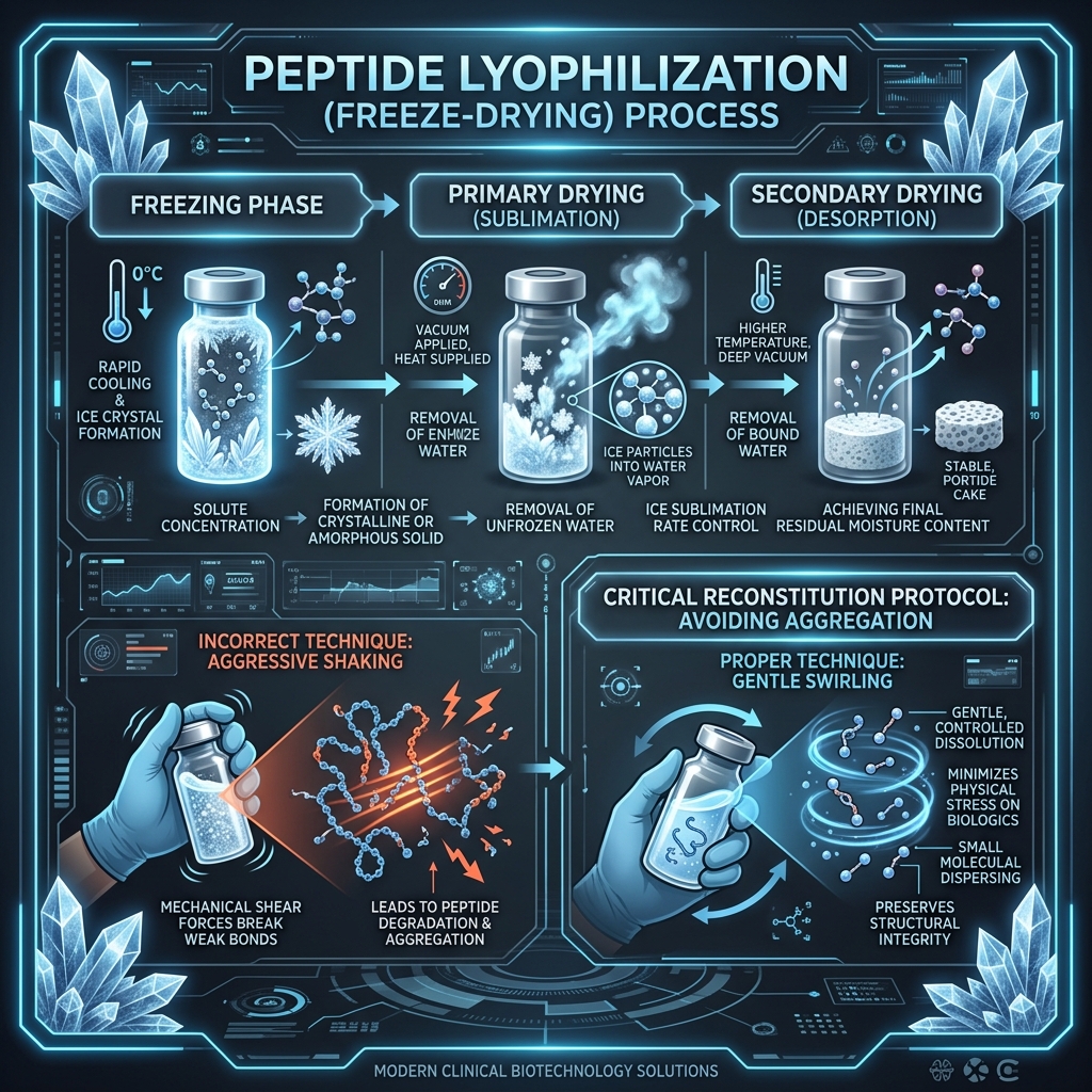 Peptide lyophilization freeze-drying process and why shaking destroys peptide bonds