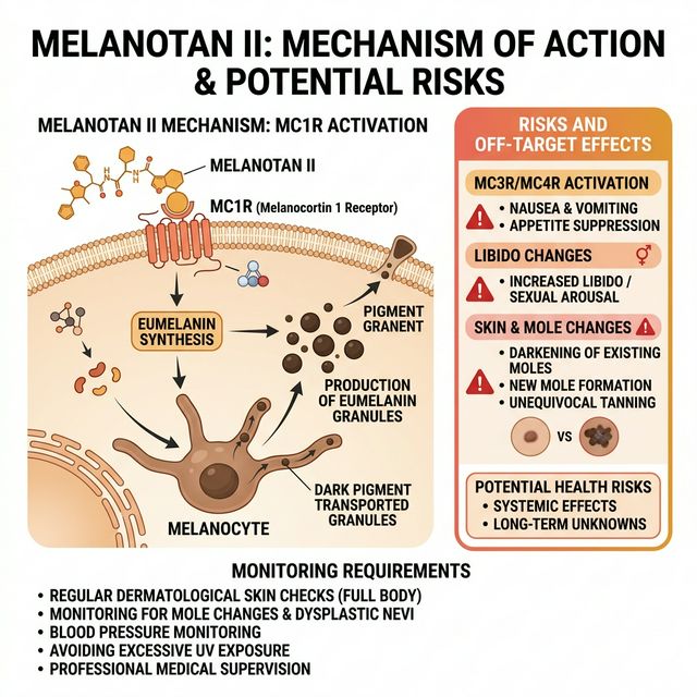 Melanotan II mechanism showing MC1R activation on melanocytes, eumelanin production pathway, and multi-receptor side effects including nausea, libido, and mole darkening warnings