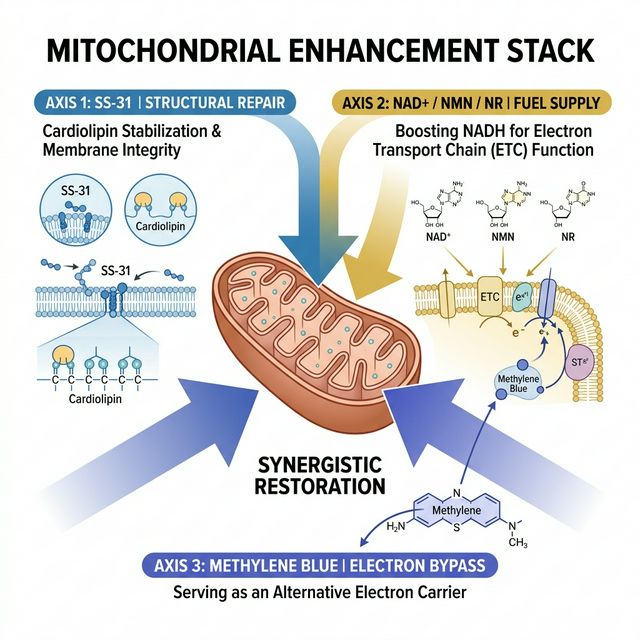 Mitochondrial enhancement stack diagram showing SS-31 structural repair plus NAD+ fuel supply plus methylene blue electron bypass with three independent mechanisms converging