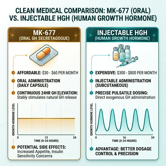 MK-677 oral ibutamoren versus injectable HGH comparison showing administration route, cost, GH pattern, insulin sensitivity impact, and appetite effects