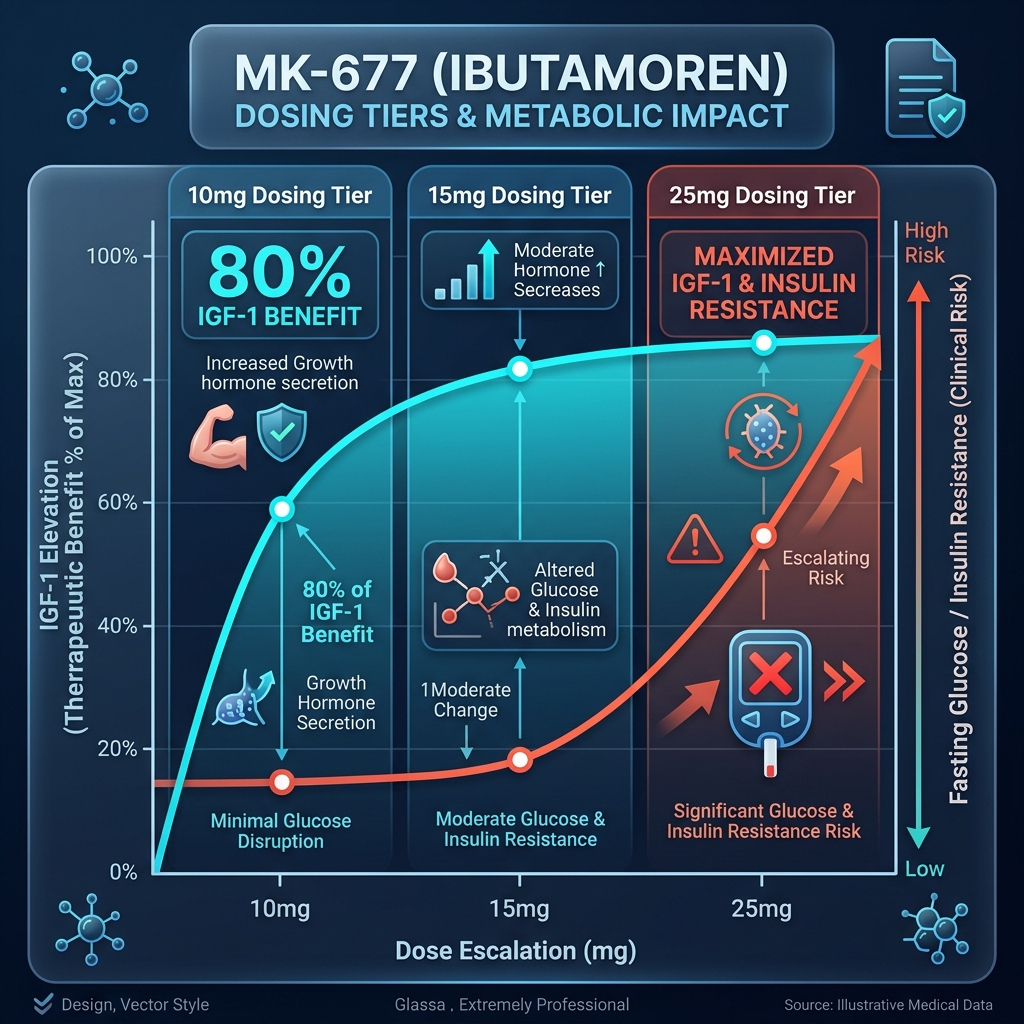 MK-677 Dosing: IGF-1 Benefit vs Glucose Risk High-precision clinical chart plotting MK-677 dosage tiers against IGF-1 elevation and escalating fasting glucose/insulin resistance risks.