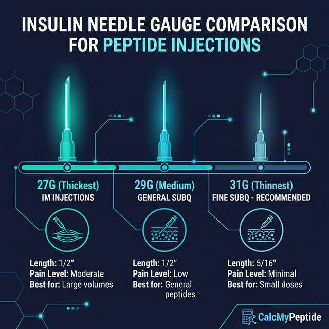 Comparison of needle gauges: 27G for IM, 29G for general SubQ, 31G for fine SubQ peptide injections with specs for length, pain level, and best use
