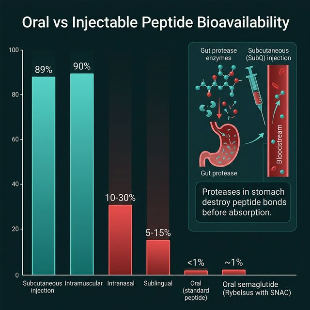 Bioavailability comparison chart showing subcutaneous injection at 89 percent versus oral semaglutide SNAC at 1 percent versus BPC-157 oral gut-local at 5-10 percent