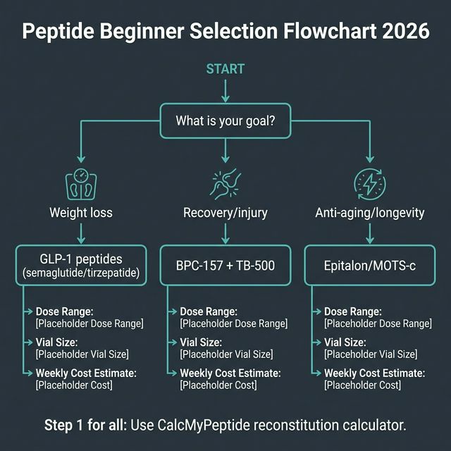 Peptide category overview chart for beginners 2026 showing GLP-1 weight loss, GH secretagogues, healing recovery, cognitive, longevity, and aesthetic peptides with examples
