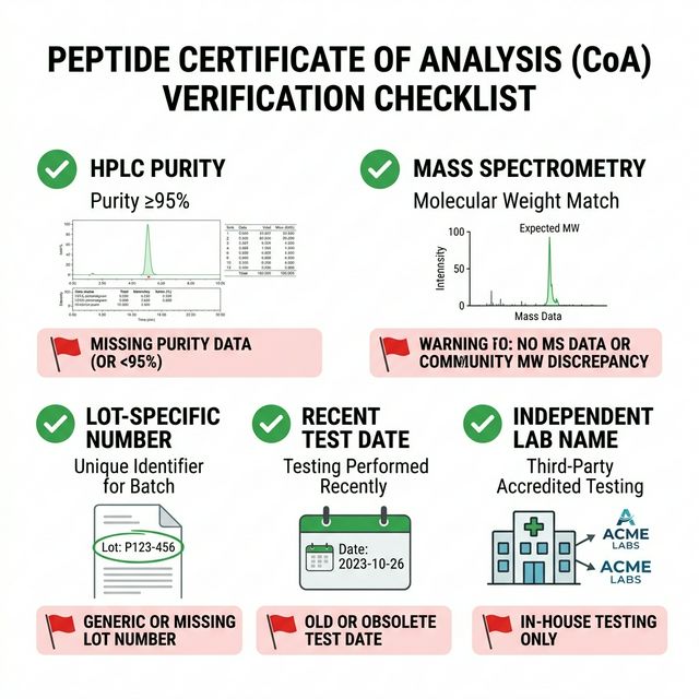 Certificate of Analysis verification checklist showing 5 required elements: HPLC purity, mass spectrometry, lot number, test date, and lab name with red flags for each