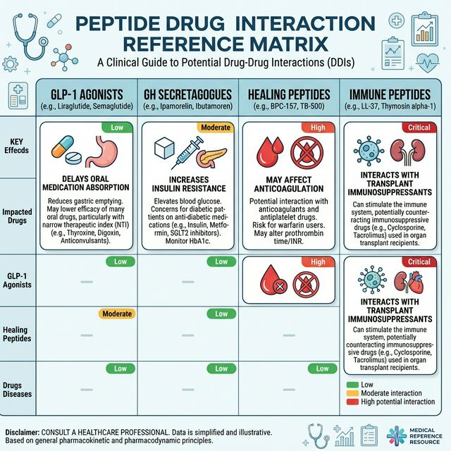 Drug interaction matrix showing GLP-1 effects on oral medication absorption, GH secretagogue insulin resistance interactions, healing peptide anticoagulant considerations