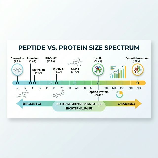 Peptide size spectrum showing dipeptides through proteins with examples: carnosine (2 AA), Pinealon (3 AA), BPC-157 (15 AA), GLP-1 (31 AA), Growth Hormone (191 AA)