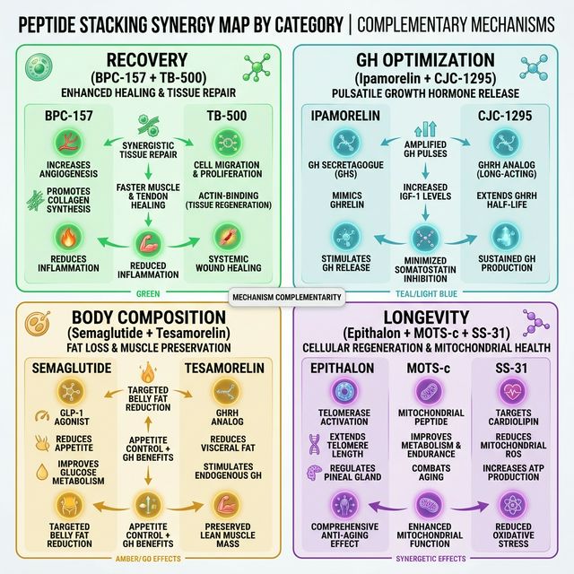 Peptide stacking synergy map showing compatible combinations by category: recovery stacks, GH optimization stacks, body composition stacks, and longevity stacks