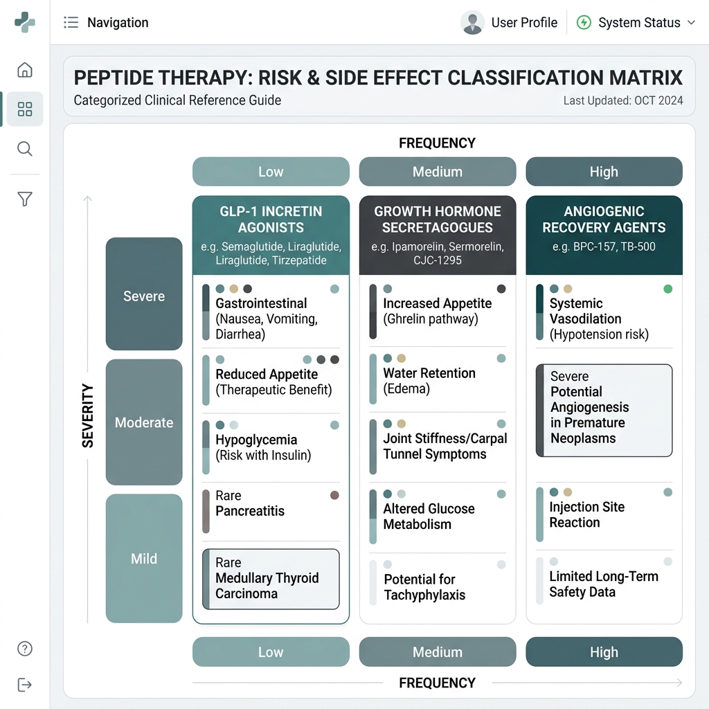 A hyper-modern clinical matrix illustrating peptide adverse events across classes. It shows GLP-1s generating GI distress, GH Secretagogues driving fluid retention, and Dihexa with neural pathway cautions. Glowing neon data visualizations indicate severity and prevalence.