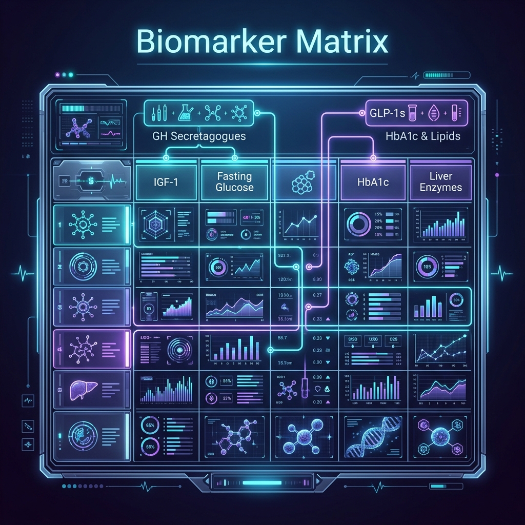 Hyper-modern clinical infographic illustrating a Peptide Blood Panel Matrix. Shows a sleek data table layout mapping specific biomarkers like IGF-1, Fasting Glucose, HbA1c, and Liver Enzymes to their corresponding peptide classes such as GH Secretagogues and GLP-1s.