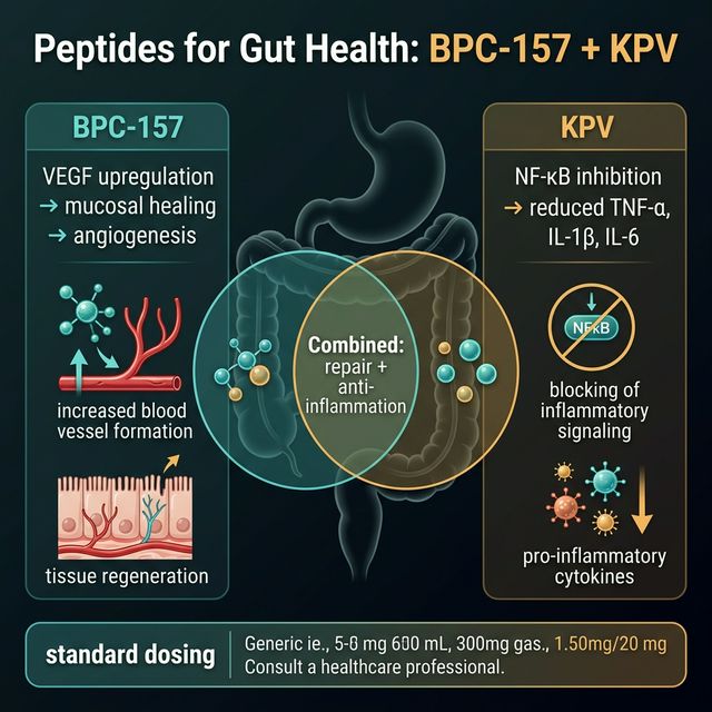 Comparison chart of BPC-157 and KPV gut health mechanisms showing BPC-157 VEGF mucosal repair pathway and KPV NF-kB inhibition pathway with target conditions listed
