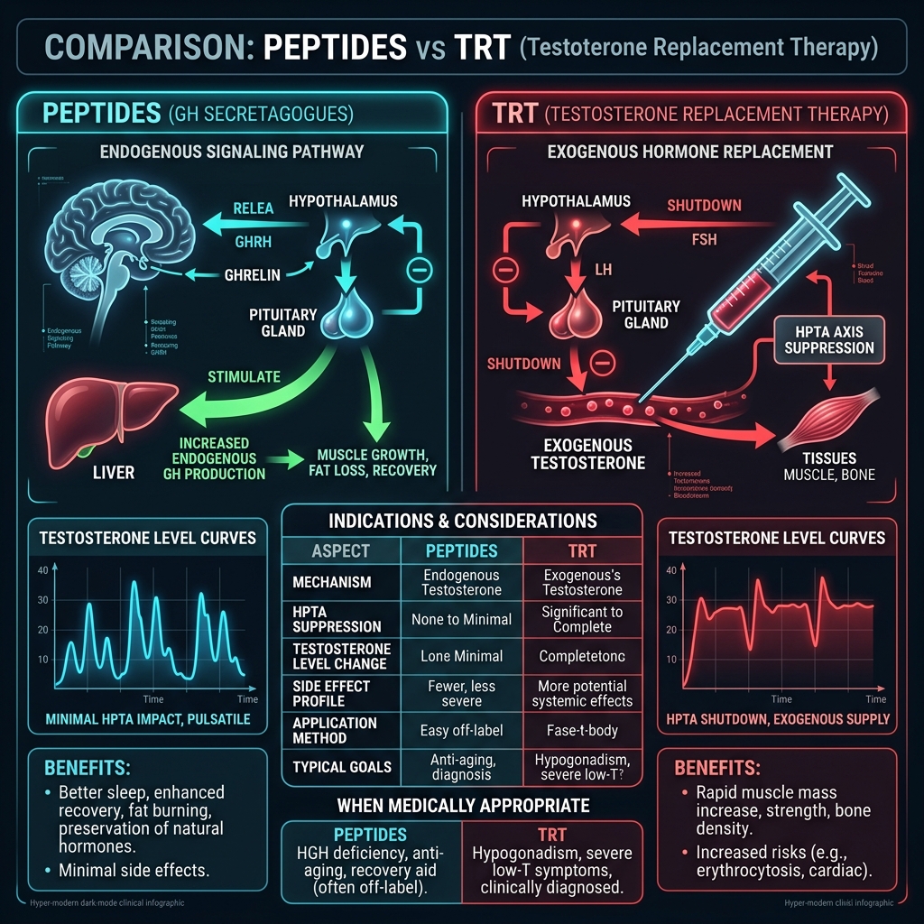 Peptides vs TRT comparison showing endogenous signaling vs exogenous hormone replacement