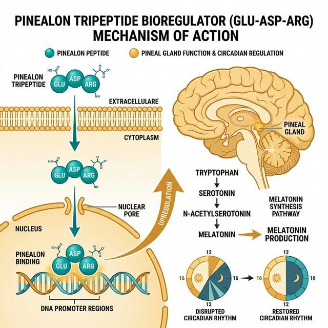 Pinealon tripeptide mechanism showing Glu-Asp-Arg binding to DNA promoter regions in pinealocytes to upregulate melatonin synthesis and circadian rhythm gene expression
