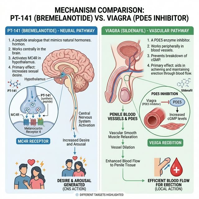 PT-141 bremelanotide mechanism diagram showing MC4R melanocortin receptor activation in the hypothalamus creating desire versus PDE5 inhibitor blood flow mechanism comparison