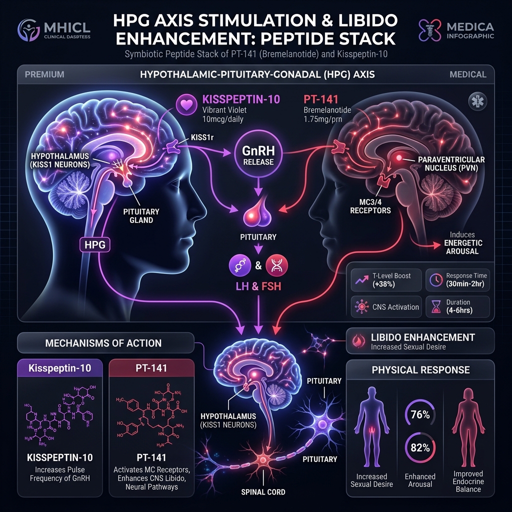 Neural pathway graph of PT-141 stimulating hypothalamic arousal while Kisspeptin-10 activates the HPG endocrine axis.
